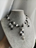 Naszyjnik - czarno-biały kwiatowy - rękodzieło, stal nierdzewna