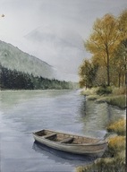 Akwarela Jezioro z Łódką – Górski Pejzaż w Mgle | Obraz Ręcznie Malowany A4