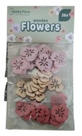 DEKORACYJNE DREWNIANE KWIATKI. KWIATY Z DREWNA. ZESTAW 36 SZTUK ciemny róż