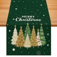 Lniany bieżnik na stół bożonarodzeniowy, zielony, choinki 180 x 33cm BZK06