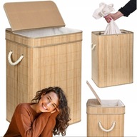 KOSZ WOLNOSTOJĄCY NA PRANIE PRALNIA 80L BAMBUSOWY BIAŁY ŁAZIENKA KOSZYK