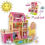 DUŻY DOMEK DLA LALEK DREWNIANY KINDERPLAY LED WILLA XXL GARAŻ MEBLE 90CM