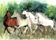 = Obraz =scena rodzajowa=akwarela=KONIE=