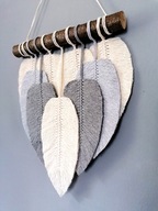 Makrama ścienna Dekoracja listki BOHO piórka szare