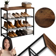 KOMODA REGAŁ SZAFKA PÓŁKA NA BUTY METALOWA CZARNA DREWNIANA CZTERY POZIOMY