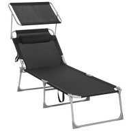 Leżak ogrodowy XXL rozkładany z zagłówkiem i daszkiem czarny