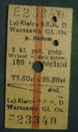kartonikowy bilet PKP - Kielce - Wareszaw Gł. Os. p. Radom - 1972 rok