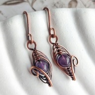 Małe miedziane kolczyki z ametystem, biżuteria wire wrapping, fioletowe