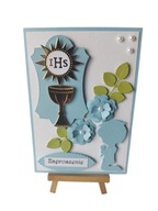 ZAPROSZENIA KOMUNIA CHŁOPIEC KIELICH SŁONECZKO RAMKA B6 BŁĘKIT - BIEL