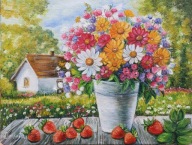 BUKIET KWIATÓW I TRUSKAWKI Obraz olejny 40/30 Sylwiana Herbańska