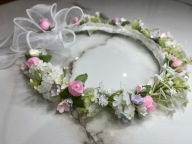 Wianek komunijny jak żywy zestaw komunijny, różowy