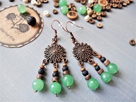 FOLK kolczyki zielony agat czarna lawa drewno kokos miedź BlackberriesArts