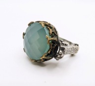 Pierścionek - Sygnet Srebro Ag 925, złote akcenty, Jadeit - Zielona woda.