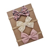 Opaski kokardki zestaw brudny róż kwiatuszki koronka beż 3 szt