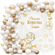 Balon komunijny Modebelle zestaw 113 szt. biało-złoty metaliczny z konfetti