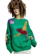 śliczny SWETER wełniany MOHEROWY wełna moher ptaki kwiaty 42/44