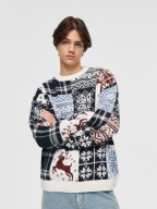 HOUSE ciepły sweter pulower zimowy motyw patchwork oversize M