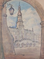 Zamość Ratusz renesansowy w rynku tusz podmalowany akwarelą niesygnowany