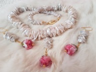 Białe perły Keshi srebro- 925 pozłacane Lampwork szkło Murano