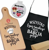 ZESTAW PREZENTOWY NA DZIEŃ BABCI FARTUCH, DESKA, LUSTERKO Z NAPISAMI