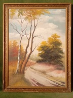 Stary duży pejzaż olejny / ręcznie malowany na płótnie