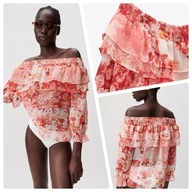 Z A R A hiszpanka bluzka kwiaty czerwona falbanki odkryte ramiona babydoll