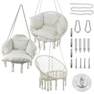FOTEL WISZĄCY BOCIANIE GNIAZDO BEŻOWY HUŚTAWKA OGRODOWA PODUSZKA BOHO