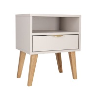 Szafka nocna beżowa skandynawska z szufladą i półką | dębowe nogi