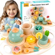 DREWNIANY ZESTAW DO HERBATKI 15 EL. SERWIS FILIŻANKI CZAJNIK DLA DZIECI