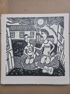 Punki na kubku. 30 × 30 cm. 2025 r. (linoryt)