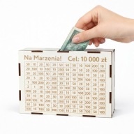 SKARBONKA WYKREŚLANKA DREWNIANA 10000 NA MARZENIA WAKACJE WYKREŚLANA GRAWER