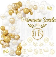 BALONY KOMUNIJNE 97 SZT BIAŁY ZŁOTY METALICZNE KONFETTI LATEKSOWE DEKORACJE