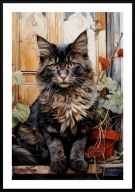 KOLOROWY PLAKAT A2 KOTY SIEDZĄCE POD DRZWAMI, CIEMNO BURY KOT BEŻOWE DRZWI