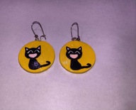 Żółte kolczyki z czarnymi kotkami koła okrągłe handmade