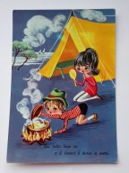 Dzieci pod namiotem, na biwaku - pocztówka z lat 60-tych