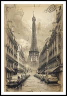 A2 PLAKAT RYSUNEK SZKIC VINTAGE RETRO WIEŻA EIFFLA DAWNY PARYŻ FRANCJA