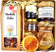 KOSZ PREZENTOWY DLA BABCI NA DZIEŃ BABCI HERBATA, MIÓD, KONFITURY, CYTRYNY