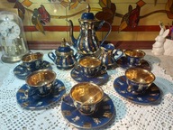serwis kawowy, kobaltowy złocony