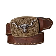 Pasek Western Cowboy Głowa Byka Duża Klamra Brązowy 120 cm Dziki Zachód