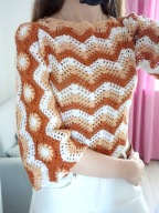 NOWY SWETEREK SZYDEŁKOWY NA SZYDEŁKU BRĄZ BLUZKA HANDMADE RĘKODZIEŁO 34 XS