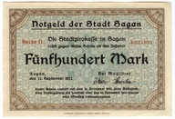 Banknot zastepczy SAGAN - Żagań - 500 Mark - 1922