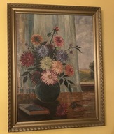 Olej na płótnie – martwa natura z kwiatami – sygnowany – 59×77 cm