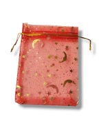 Woreczek prezentowy, organza czerwona złota gwiazdy 9x12 cm 1szt