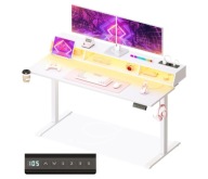 Nowoczesne biurko gamingowe z regulacją wysokości – białe + LED