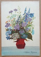 POCZTÓWKA MACKIEWICZ MARIA KWIATY W WAZONIE grafika autorska lata 60-te