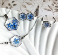 Duży komplet biżuterii z kwiatami niezapominajki, prezent dla Nauczycielki