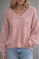 Ręcznie robiony sweter moherowy z cekinami– oversize, Miękki, puszysty