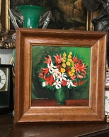CHMURZYŃSKA SYGNOWANY OBRAZ OLEJ W DREWNIANEJ RAMIE KWIATY BUKIET