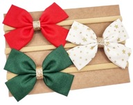 Opaski na głowę na święta z kokardkami zielona ecru w gwiazdki i czerwona