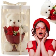MIŚ PLUSZOWY Z BUKIETEM KWIATÓW MYDLANYCH RÓŻ PREZENT NA WALENTYNKI PUDEŁKO